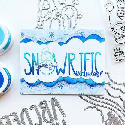 Catherine Pooler - Stamp and Die Set - Snow-rific Party. This stamp and die set is has all the things needed for a winter time party! Each snowman is dressed up for fun and ready to adorn your cards and projects with gifts, cake, balloons and even a sled Available at Embellish Away located in Bowmanville Ontario Canada Card design by brand ambassador.