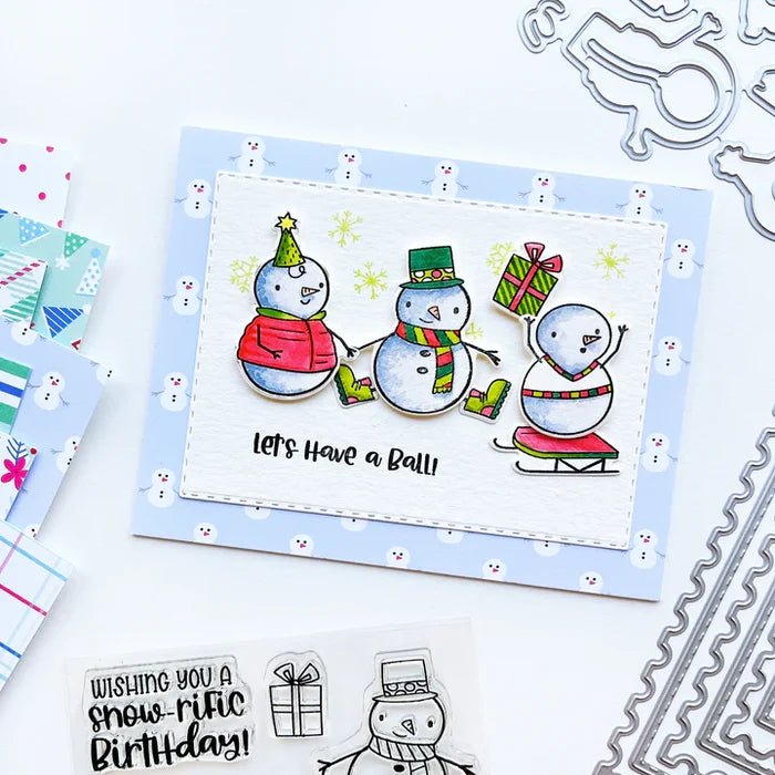 Catherine Pooler - Stamp and Die Set - Snow-rific Party. This stamp and die set is has all the things needed for a winter time party! Each snowman is dressed up for fun and ready to adorn your cards and projects with gifts, cake, balloons and even a sled Available at Embellish Away located in Bowmanville Ontario Canada Card design by brand ambassador.