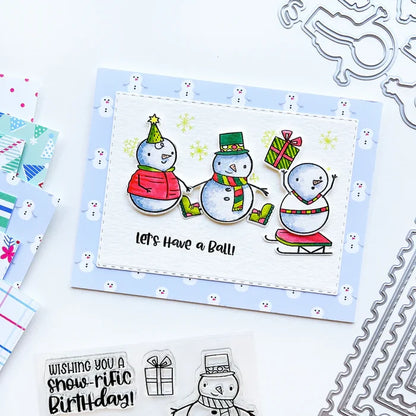 Catherine Pooler - Stamp and Die Set - Snow-rific Party. This stamp and die set is has all the things needed for a winter time party! Each snowman is dressed up for fun and ready to adorn your cards and projects with gifts, cake, balloons and even a sled Available at Embellish Away located in Bowmanville Ontario Canada Card design by brand ambassador.
