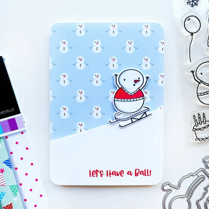 Catherine Pooler - Stamp and Die Set - Snow-rific Party. This stamp and die set is has all the things needed for a winter time party! Each snowman is dressed up for fun and ready to adorn your cards and projects with gifts, cake, balloons and even a sled Available at Embellish Away located in Bowmanville Ontario Canada Card design by brand ambassador.