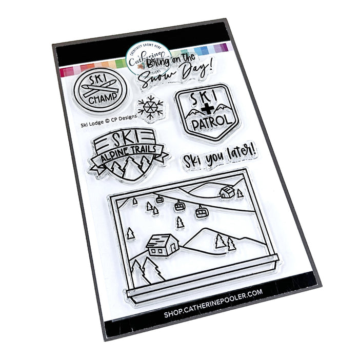 Catherine Pooler - Stamp & Dies - Ski Lodge. The Ski Lodge Stamp Set gives you a view of the mountain along with badges and sentiments for adorable snowy card making! You can also add Alpine View Die for your wintery mix (Sold Separately). Available at Embellish Away located in Bowmanville Ontario Canada.