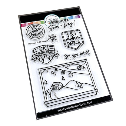 Catherine Pooler - Stamp & Dies - Ski Lodge. The Ski Lodge Stamp Set gives you a view of the mountain along with badges and sentiments for adorable snowy card making! You can also add Alpine View Die for your wintery mix (Sold Separately). Available at Embellish Away located in Bowmanville Ontario Canada.