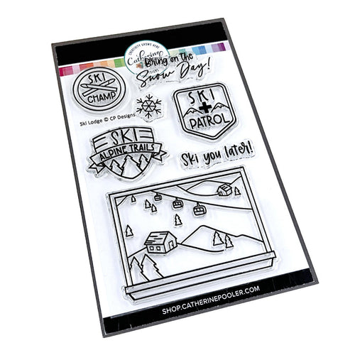Catherine Pooler - Stamp & Dies - Ski Lodge. The Ski Lodge Stamp Set gives you a view of the mountain along with badges and sentiments for adorable snowy card making! You can also add Alpine View Die for your wintery mix (Sold Separately). Available at Embellish Away located in Bowmanville Ontario Canada.