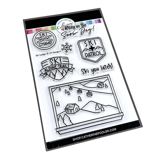 Catherine Pooler - Stamp & Dies - Ski Lodge. The Ski Lodge Stamp Set gives you a view of the mountain along with badges and sentiments for adorable snowy card making! You can also add Alpine View Die for your wintery mix (Sold Separately). Available at Embellish Away located in Bowmanville Ontario Canada.