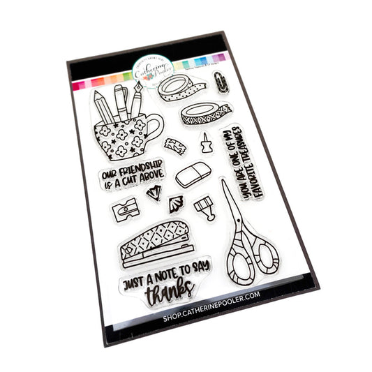Catherine Pooler - Stamp Set - Desktop Treasures. Those of us who love everything crafty usually have lots of treasures in our stationery collections. To celebrate this love we bring you the Desktop Treasures Stamp Set and Dies. Funky scissors, a printed stapler and a favorite mug of pens that bring you joy in your creative space will do the same stamped on a card for a friend. Tell them "you are one of my favorite treasures" or send "just a not to say thanks". This set is versatile and fun for