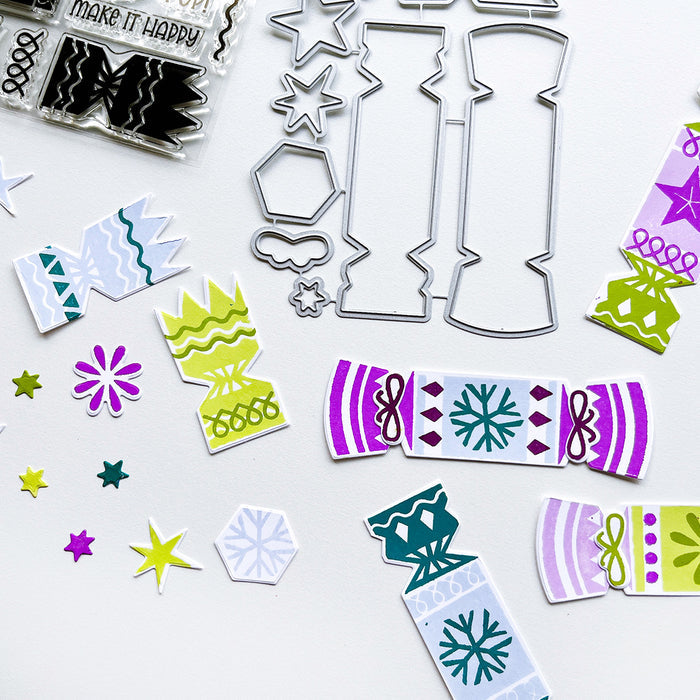 Catherine Pooler - Stamps & Dies - Cracking Good. The Cracking Good Stamp & Die Set features fun and festive party cracker stamps that will be perfect for winter, birthdays, new years...and really any occasion that calls for confetti! Available at Embellish Away located in Bowmanville Ontario Canada.
