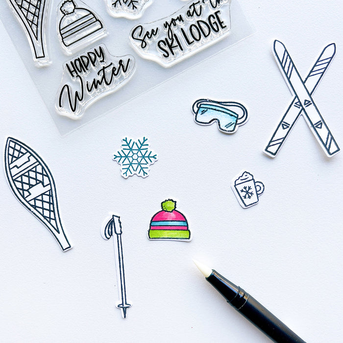 Catherine Pooler - Stamps & Dies - On The Slopes. It's time to hit the slopes! The On the Slopes Stamp Set is full of outdoor winter sport icons and gear, complete with hot cocoa! Available at Embellish Away located in Bowmanville Ontario Canada.