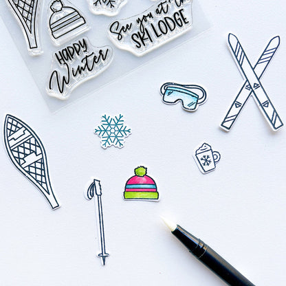 Catherine Pooler - Stamps & Dies - On The Slopes. It's time to hit the slopes! The On the Slopes Stamp Set is full of outdoor winter sport icons and gear, complete with hot cocoa! Available at Embellish Away located in Bowmanville Ontario Canada.