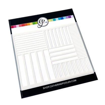 Catherine Pooler - Stencil - On the Line. Create a fun geometric stripe pattern on your next card or project with the On the Line Stencil. This linear design is super versatile and is easy to ink up in multiple colors. Available at Embellish Away located in Bowmanville Ontario Canada.