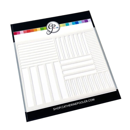 Catherine Pooler - Stencil - On the Line. Create a fun geometric stripe pattern on your next card or project with the On the Line Stencil. This linear design is super versatile and is easy to ink up in multiple colors. Available at Embellish Away located in Bowmanville Ontario Canada.