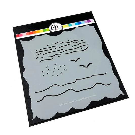 Catherine Pooler - Stencil - Sand & Sea. This smart stencil has four sides cut to use for blending clouds, waves, and the sandy beach edge. Add texture to the water and sand with the inside elements of the stencil. Add pair of seagulls in the distance. Available at Embellish Away located in Bowmanville Ontario Canada.