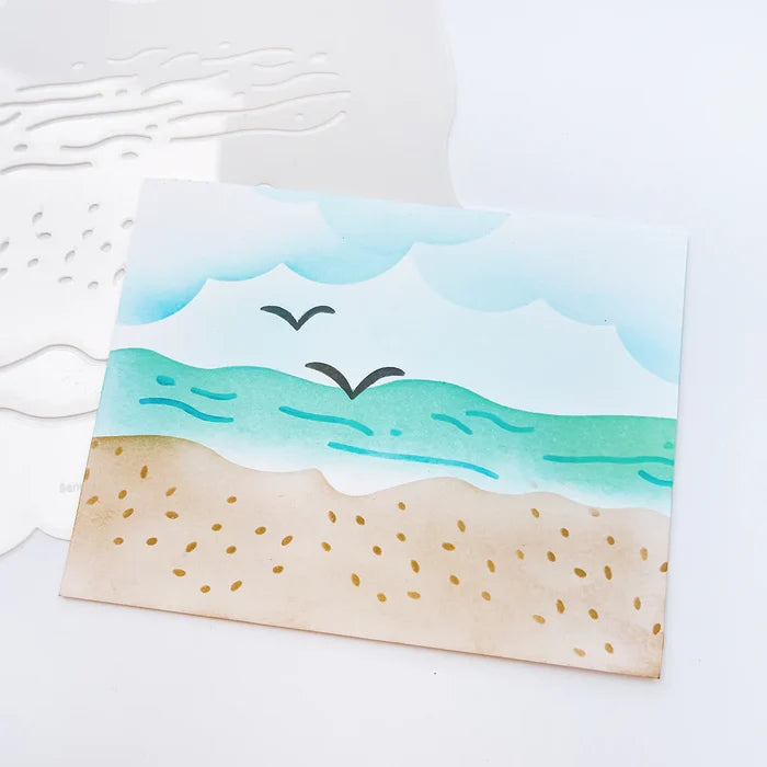 Catherine Pooler - Stencil - Sand & Sea. This smart stencil has four sides cut to use for blending clouds, waves, and the sandy beach edge. Add texture to the water and sand with the inside elements of the stencil. Add pair of seagulls in the distance. Available at Embellish Away located in Bowmanville Ontario Canada.