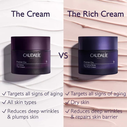 Caudalie Premier Cru The Rich Cream jar with 50ml of luxurious, hydrating skincare cream in a white and gold container.