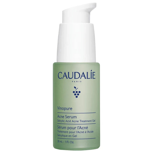 Caudalie Vinopure Acne Serum in 30ml bottle, designed to treat and prevent blemishes, with a clear view of the product container.