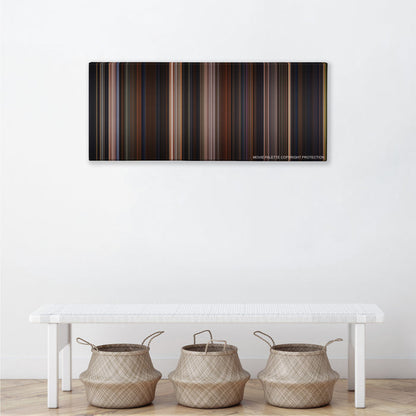 Chicken Run color palette canvas above a white bench with three woven baskets