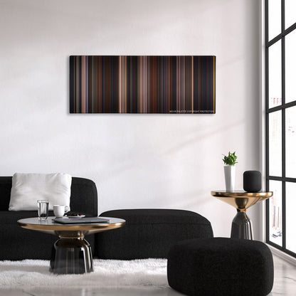 Chicken Run color palette canvas above a black sofa with a gold-topped table