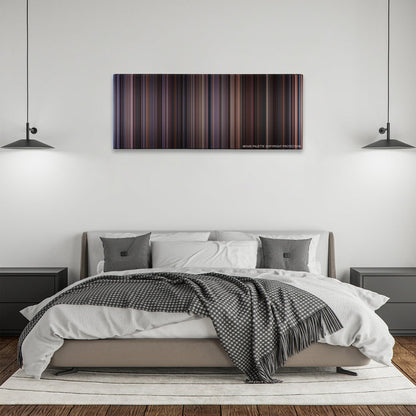 Chocolat color palette canvas above a bed, between two black pendant lamps
