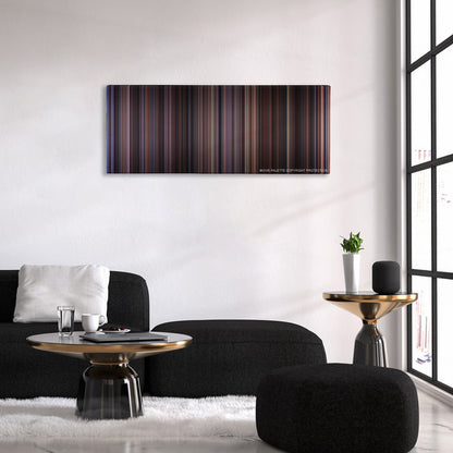 Chocolat color palette canvas above a black sofa with a gold-topped table