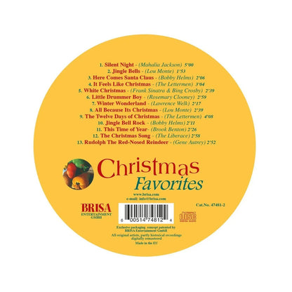 Christmas Favorites music CD with festive holiday songs in a round yellow case, tracklist shown.