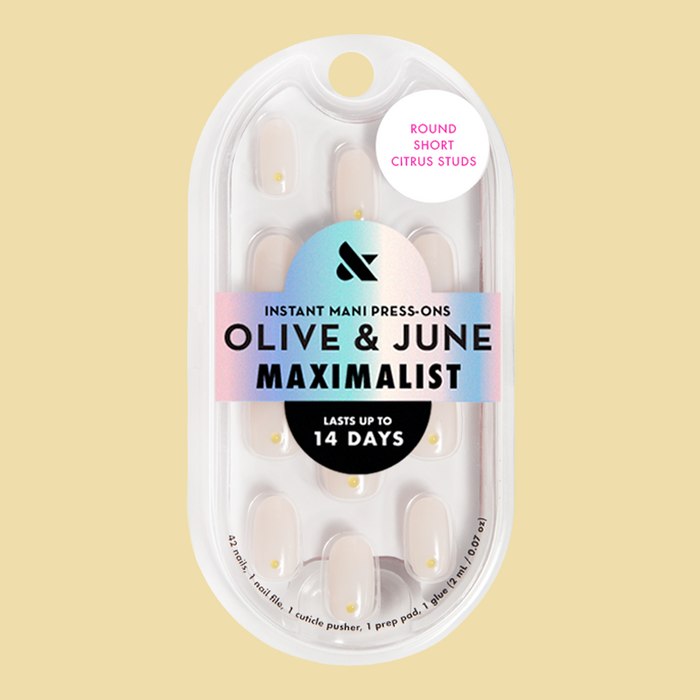 Citrus Studs - Press-On | Short | Round milky neutral nails with puffy 3D lemon yellow accents for quick at-home mani