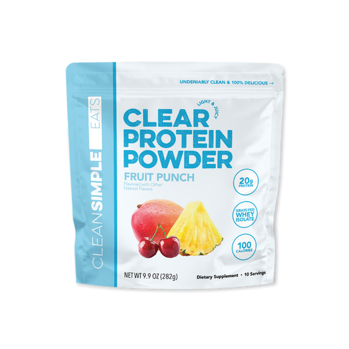 Front view of Clean Simple Eats Clear Protein Powder in Fruit Punch flavor, 30 servings