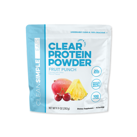Front view of Clean Simple Eats Clear Protein Powder in Fruit Punch flavor, 30 servings