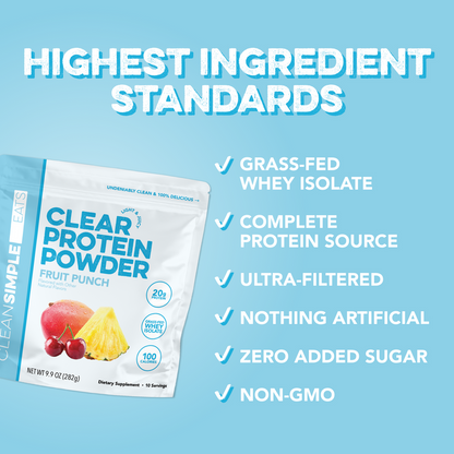 An ingredient standards infographic for Clean Simple Eats Clear Protein Powder in Fruit Punch flavor against a bright red background. On the left is a red bag of Clear Protein Powder Fruit Punch. On the right, a white bulleted list with red checkmarks reads: GRASS-FED WHEY ISOLATE, COMPLETE PROTEIN SOURCE, ULTRA-FILTERED, NOTHING ARTIFICIAL, ZERO ADDED SUGAR, and NON-GMO. Large white text at the top reads HIGHEST INGREDIENT STANDARDS.