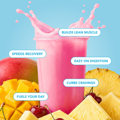 A product benefits infographic for Clean Simple Eats Clear Protein Powder in Fruit Punch flavor, featuring a central glass with a dynamic red liquid splash, surrounded at the base by a pile of glossy red fruits on a light red background. Five rounded white callout bubbles with yellow borders point to the drink, containing bold black text that reads: BUILDS LEAN MUSCLE, SPEEDS RECOVERY, EASY ON DIGESTION, CURBS CRAVINGS, and FUELS YOUR DAY.