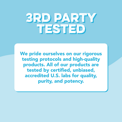 A product quality graphic titled 3RD PARTY TESTED in bold white text against a bright red background. Below the title, a white rounded rectangle card contains dark red text that reads: We pride ourselves on our rigorous testing protocols and high-quality products. All of our products are tested by certified, unbiased, accredited U.S. labs for quality, purity, and potency.