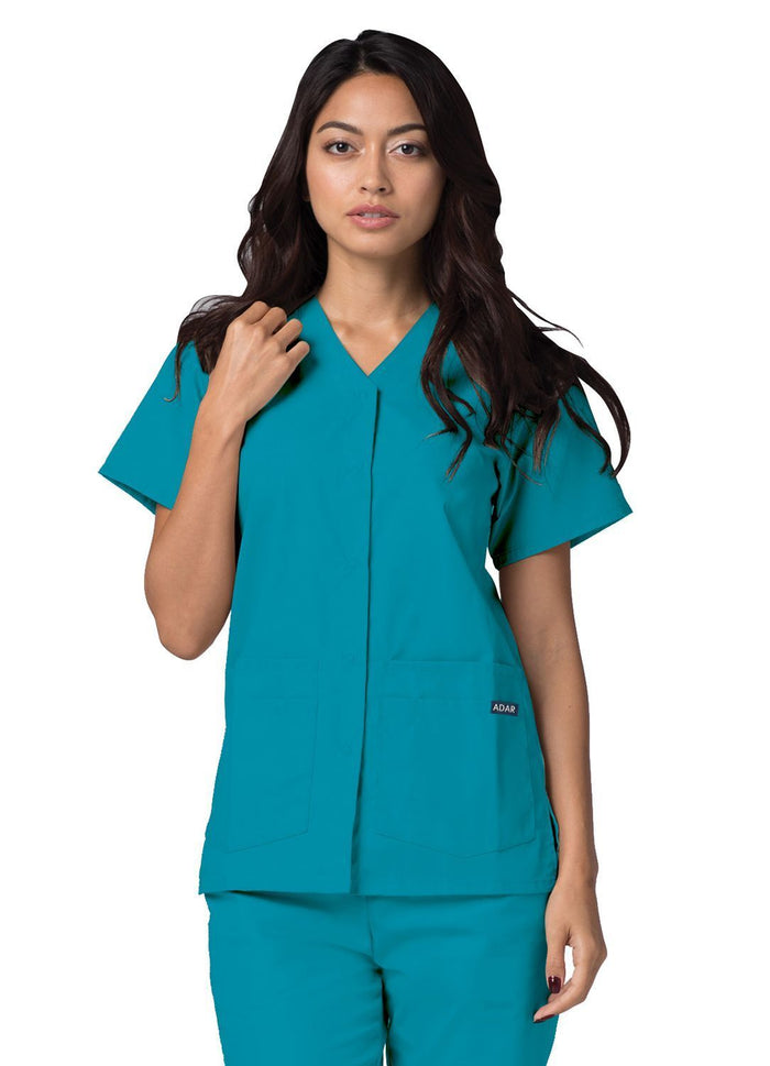 Clearance Adar Universal Double Pocket Snap Front Short Sleeve Scrub Top