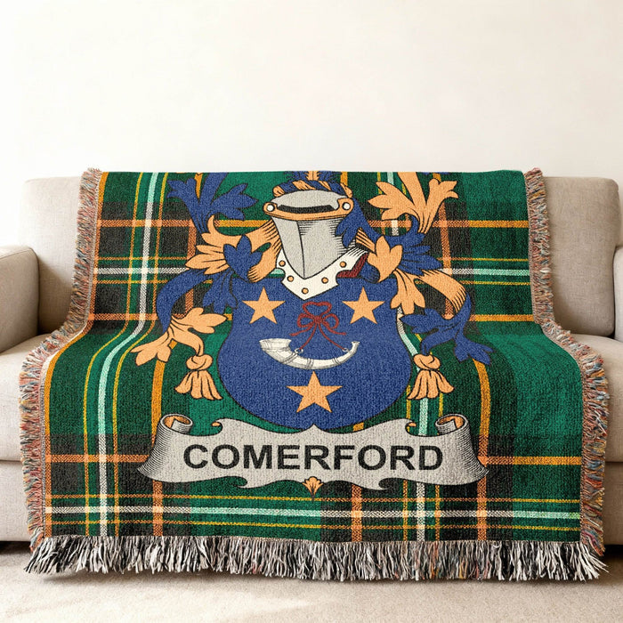 Comerford crest woven through an Irish National Tartan cotton throw.