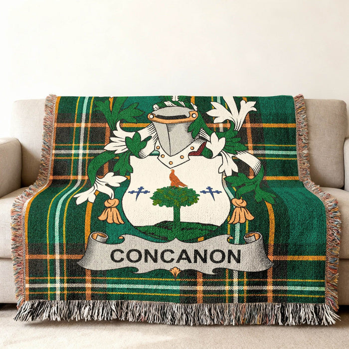Concannon crest woven through an Irish National Tartan cotton throw.