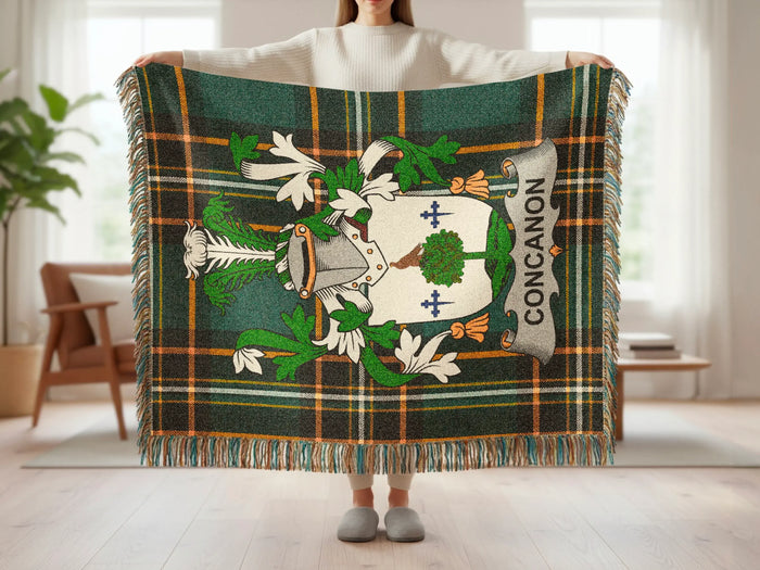 Feature list for the Concannon cotton woven blanket with fringed edges.