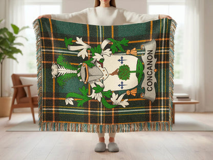 Feature list for the Concannon cotton woven blanket with fringed edges.