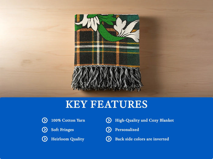 Concannon woven blanket laid open to show the complete tartan design.