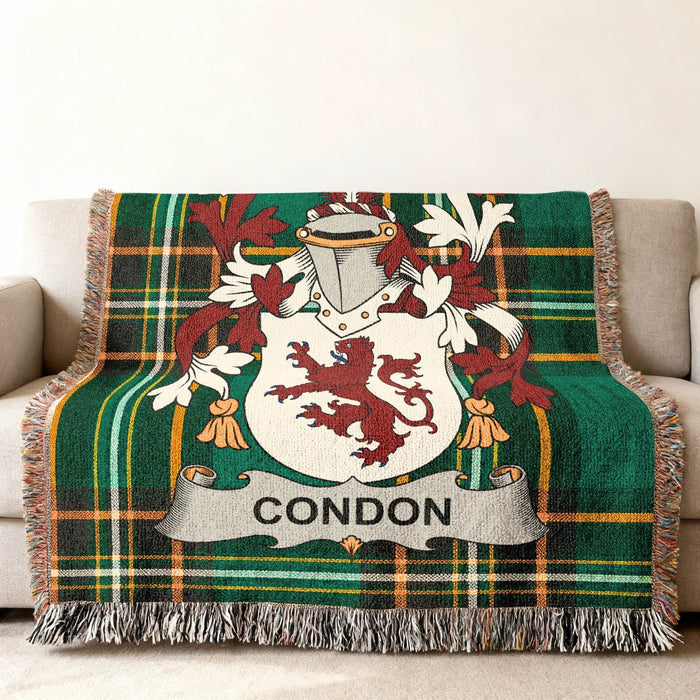 Condon crest woven into an Irish National Tartan cotton throw.
