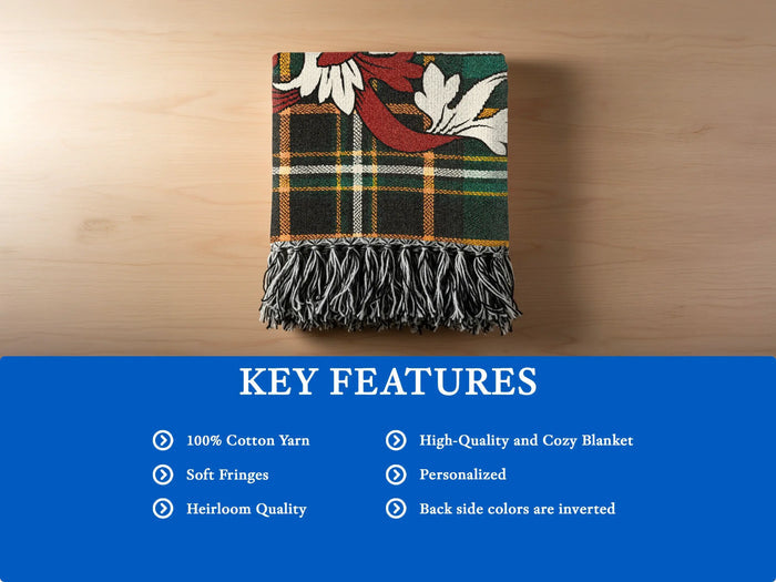 Condon woven blanket opened to show the full tartan design.