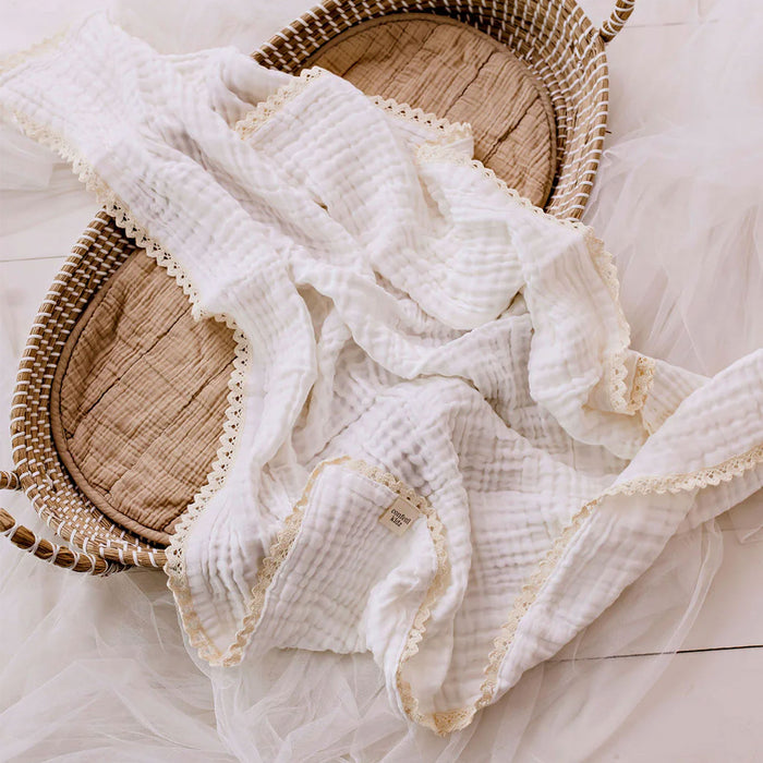Confetti Kidz Muslin Blanket with Lace Trim - White