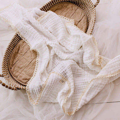 Confetti Kidz Muslin Blanket with Lace Trim - White