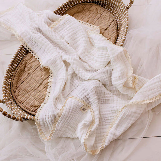 Confetti Kidz Muslin Blanket with Lace Trim - White