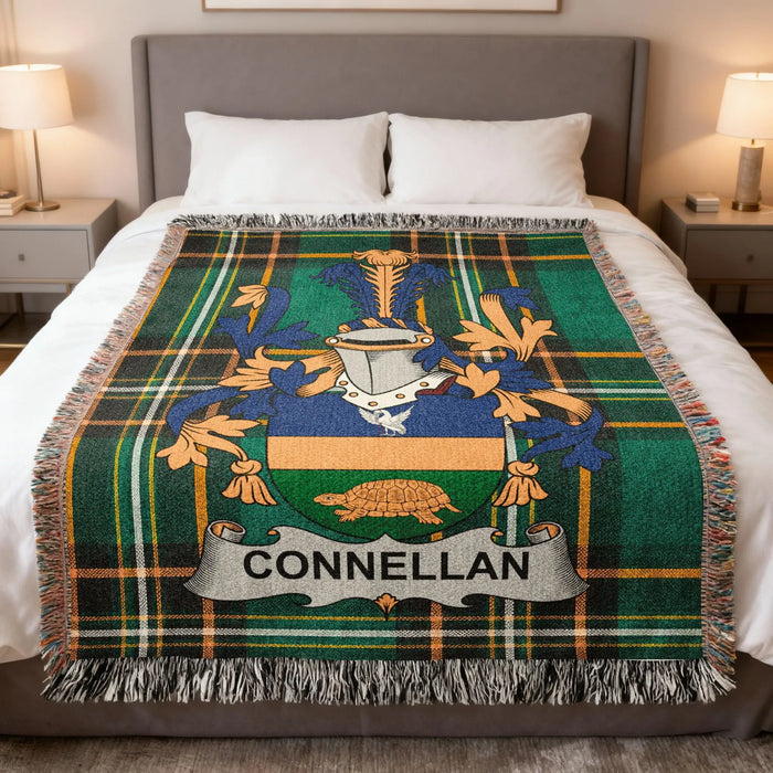 Connellan family crest woven blanket laid across a bed.