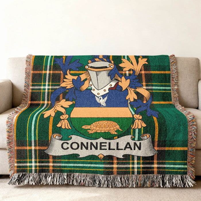 Connellan crest woven into an Irish National Tartan cotton throw.