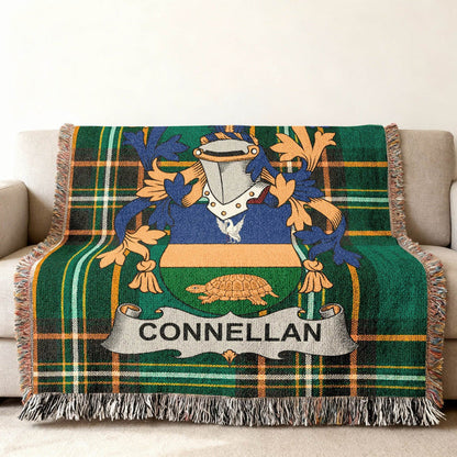 Connellan crest woven into an Irish National Tartan cotton throw.