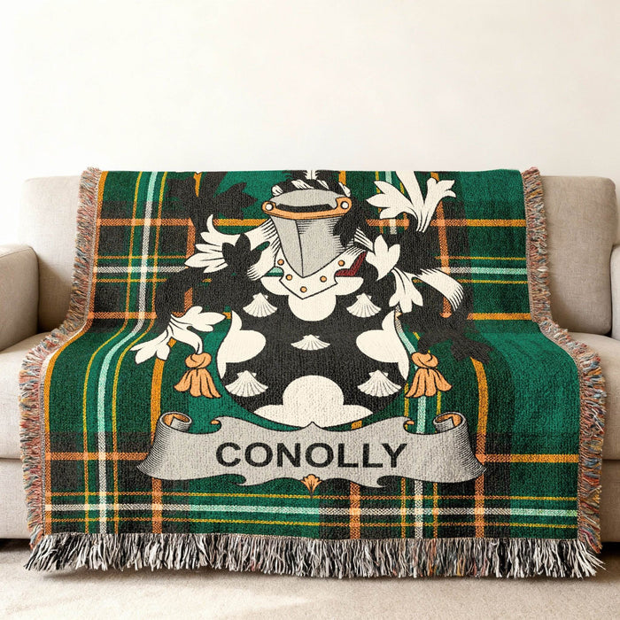 Conolly crest woven through an Irish National Tartan cotton throw.