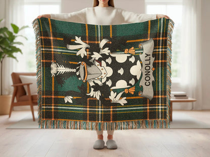 Feature list for the Conolly cotton woven blanket with fringed edges.