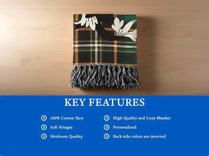 Conolly woven blanket opened to show the complete tartan design.
