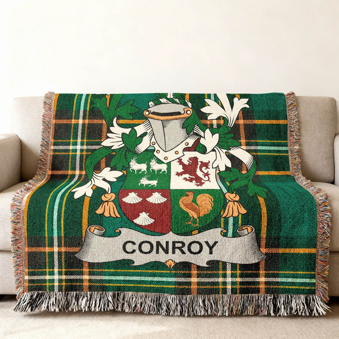 Conroy crest woven into an Irish National Tartan throw.