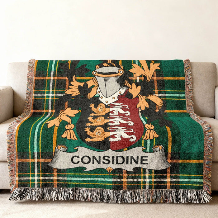 Considine crest woven through an Irish National Tartan throw.
