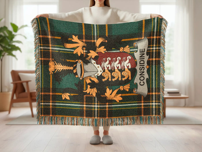 Feature list for the Considine cotton woven blanket with fringe.