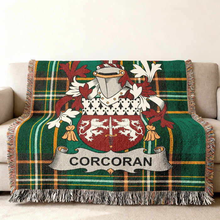 Corcoran crest woven through an Irish National Tartan cotton throw.